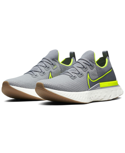 Shop Nike Men's React Infinity Run Flyknit Running Sneakers From Finish Line In Platinum Gray/volt