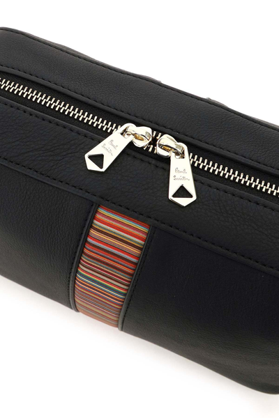 Shop Paul Smith 'sgnature Stripe' Leather Wash Bag In Black