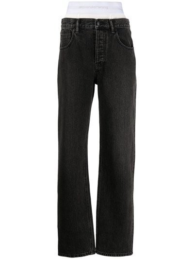 Shop Alexander Wang Logo-waistband Straight-leg Jeans In Grey