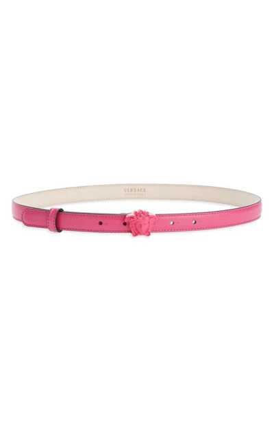 Shop Versace Medusa Leather Skinny Belt In Fuxia-fuxia- Gold