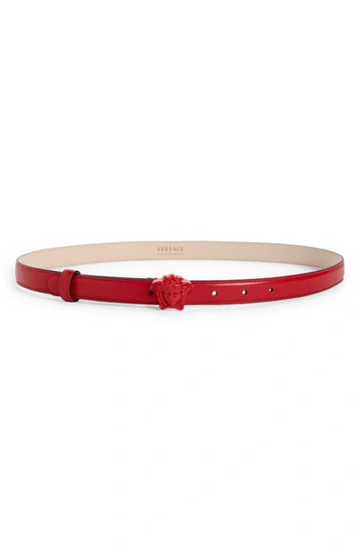 Shop Versace Medusa Leather Skinny Belt In Scarlet-scarlet- Gold
