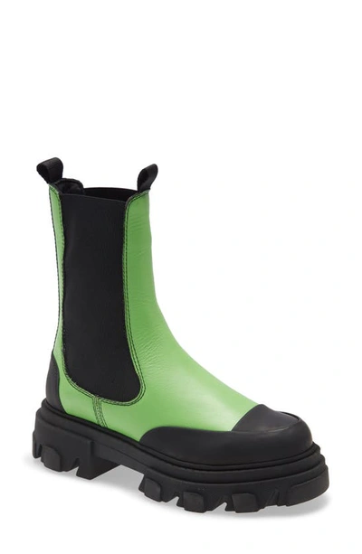 Shop Ganni Calf Leather Mid Chelsea Boot In Flash Green