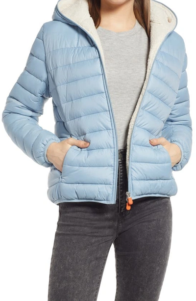 Shop Save The Duck Gwen Cozy Faux Fur Trim Hooded Puffer Jacket In Tempest Blue