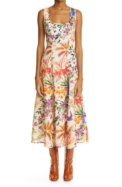 Shop Zimmermann Tropicana Floral Print Cutout Linen Midi Dress In Cream Floral