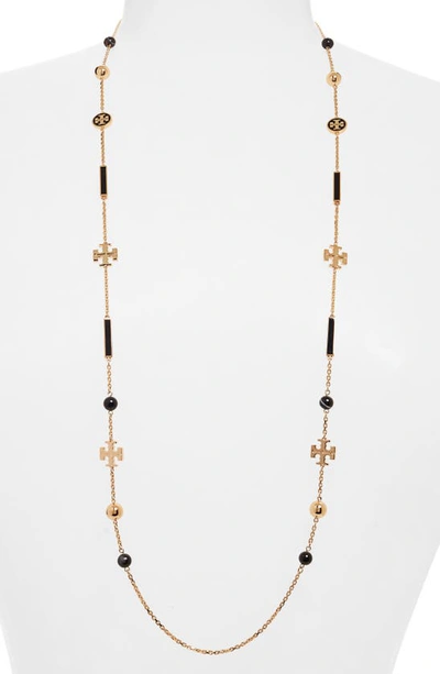 Shop Tory Burch Kira Scattered Rosary Necklace In Tory Gold / Black