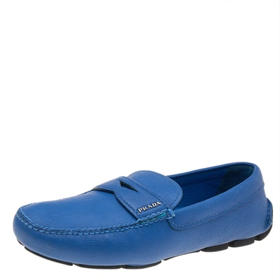 Pre-owned Prada Blue Leather Slip On Loafers Size 41