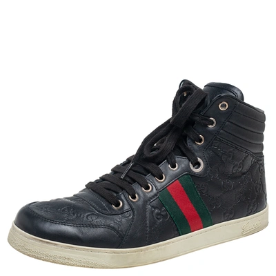 Pre-owned Gucci Ssima Leather Web Detail High Top Sneakers Size 42.5 In Black