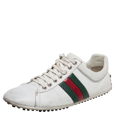 Pre-owned Gucci White Leather Web Lace Up Sneakers Size 42