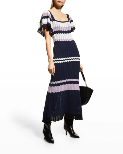 Shop Adam Lippes Scallop Striped Crepe Knit Midi Dress In Navy/ivory