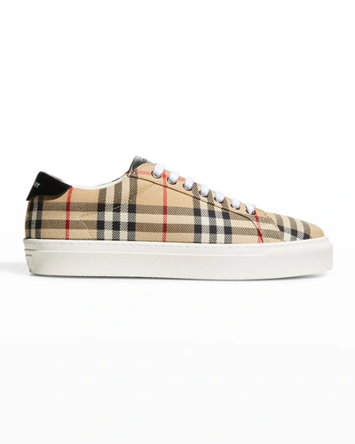 Shop Burberry Men's Rangleton Check Canvas Low-top Sneakers In Archive Beige