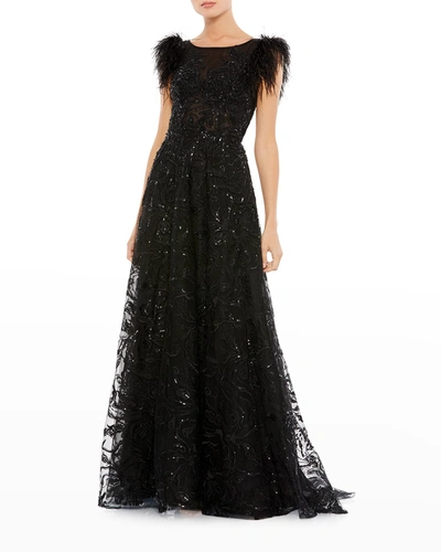 Shop Mac Duggal Feather-sleeve Sequin A-line Gown In Black