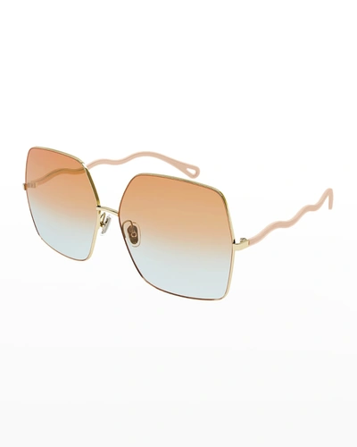 Shop Chloé Ripple Square Metal/rubber Sunglasses In Classic Gold