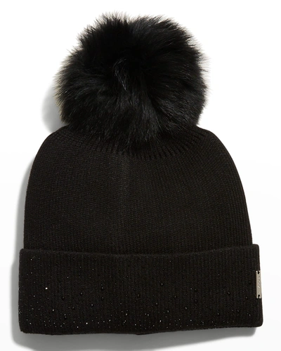 Shop Gorski Crystal Knit Beanie W/ Fur Pompom In Black