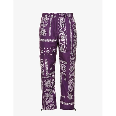 Shop Palm Angels Mens Purple White Bandana-print Relaxed-fit Tapered Shell Trousers M