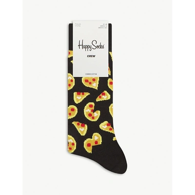Shop Happy Socks Pizza Love Graphic-print Stretch Cotton-blend Socks In Black