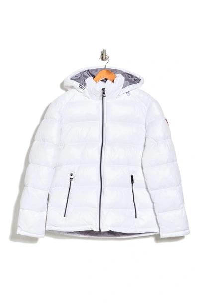 Shop Guess Hooded Solid Puffer Jacket In White