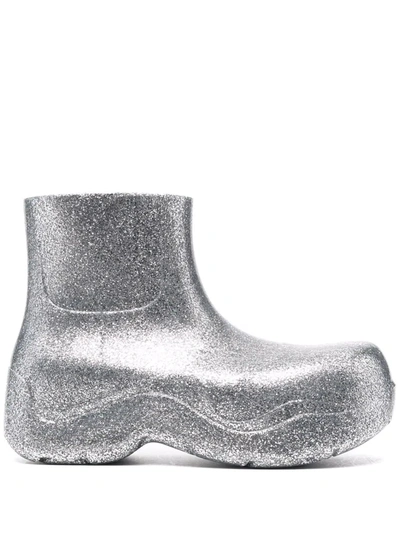 Shop Bottega Veneta Glitter Puddle Boots In Silver