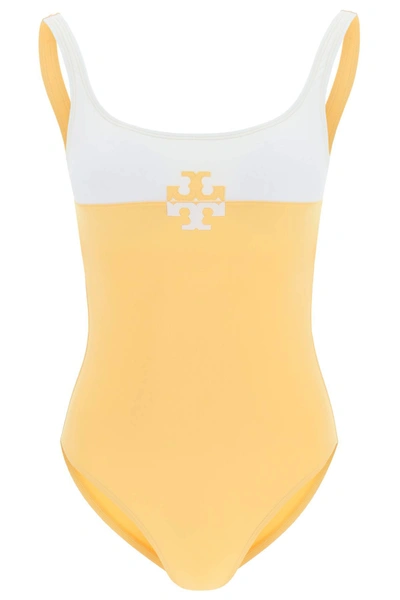 Shop Tory Burch Color Block Logo Swimsuit In Yellow