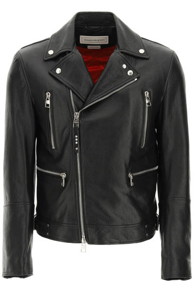 Shop Alexander Mcqueen Zipped Leather Biker Jacket In Black