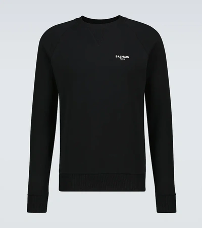 Shop Balmain Logo Crewneck Cotton Sweatshirt In Noir/blanc