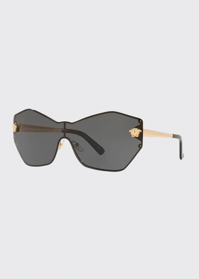 Shop Versace Rimless Shield Medusa Head Sunglasses In Black/gold