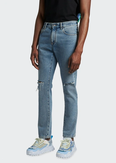 Shop Off-white Men's Diagonal-pocket Distressed Skinny Jeans In Bleach Indigo