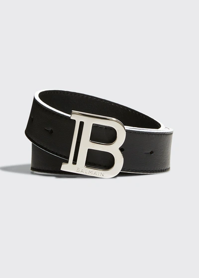 Shop Balmain Kid's B Logo Buckle Leather Belt In 930bc Blkwht