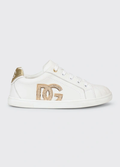 Shop Dolce & Gabbana Kid's Portofino Dg Metallic Low-top Sneakers In 8b996 Whitegold