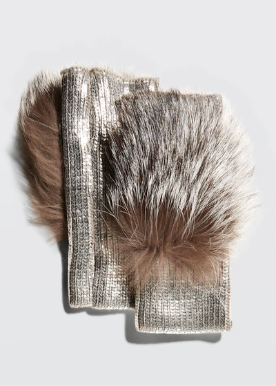 Shop Adrienne Landau Fingerless Metallic Fox Fur Gloves In Silver