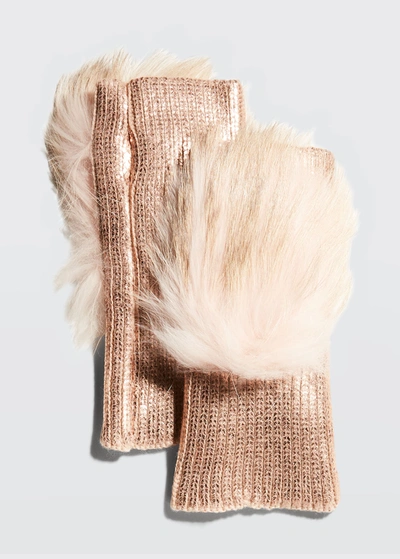 Shop Adrienne Landau Fingerless Metallic Fox Fur Gloves In Rose Gold