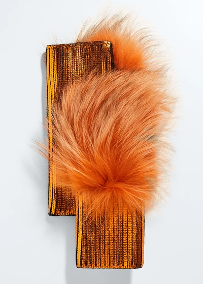 Shop Adrienne Landau Fingerless Metallic Fox Fur Gloves In Brown