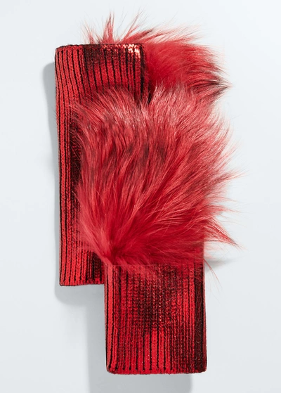 Shop Adrienne Landau Fingerless Metallic Fox Fur Gloves In Red