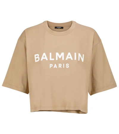 Shop Balmain Logo Cropped Cotton T-shirt In Sable/blanc