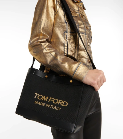 Shop Tom Ford T Screw Mini Canvas Tote In Black/gold + Black