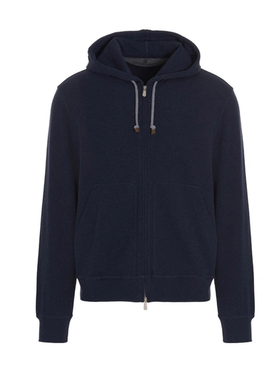 Shop Brunello Cucinelli Zipped Hooded Sweatshirt In Blue