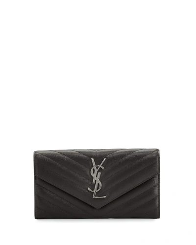 Shop Saint Laurent Ysl Monogram Large Flap Wallet In Grained Leather In Black
