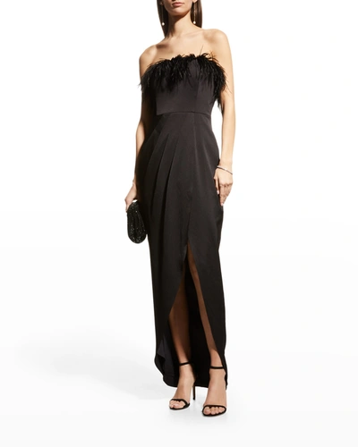Shop Aidan Mattox Strapless High-low Gown W/ Feathers In Black