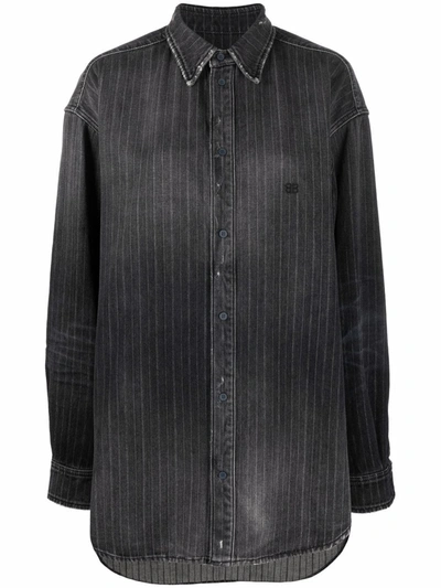 Shop Balenciaga Pinstripe Distressed Denim Shirt In Grey