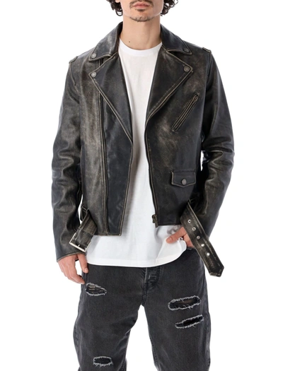 Shop Golden Goose Perfecto Leather Biker Jacket In Black Washed