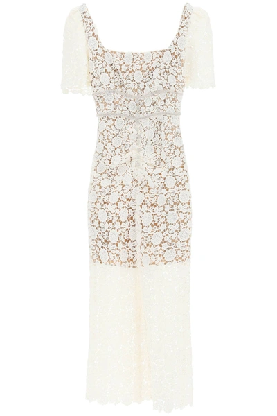 Shop Self-portrait Guipure Midi Dress With Crystals In Ivory (beige)