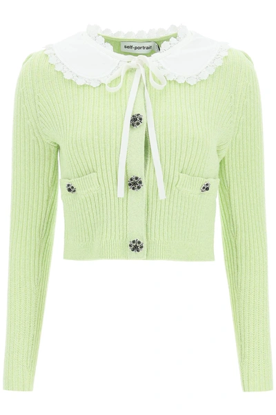 Shop Self-portrait Cardigan With Lace Collar In Avocado (green)