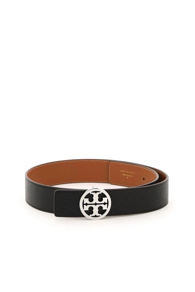 Shop Tory Burch Reversible Belt With Logo Buckle In Black New Cuoio Silver (black)