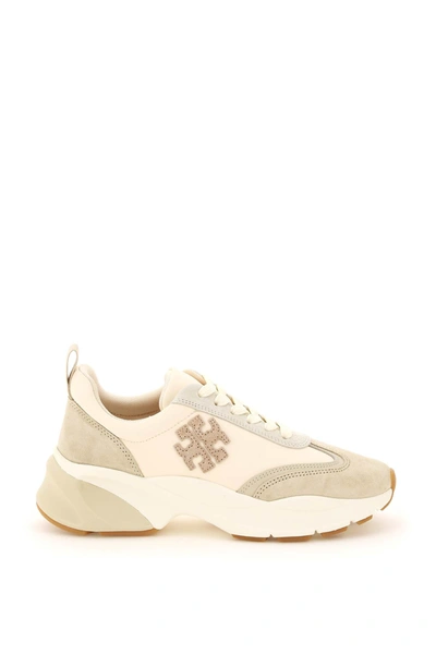 Shop Tory Burch Suede And Nylon Good Luck Sneakers In French Pearl Dulce De Leche Biscotto (beige)