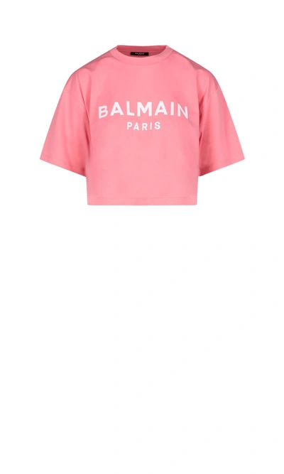 Balmain Women Logo Organic Cotton Cropped T-shirt In Pink