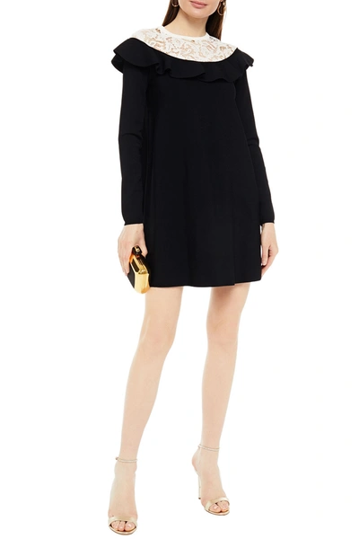 Shop Valentino Corded Lace-paneled Stretch-knit Mini Dress In Black