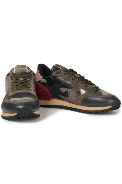 Shop Valentino Rockstud Printed Leather, Suede And Canvas Sneakers In Army Green