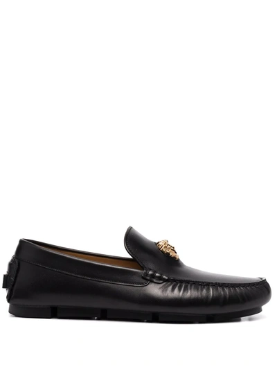 Shop Versace Medusa Head Leather Loafers In Black