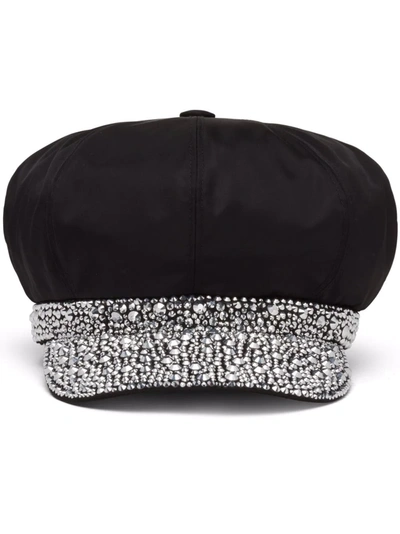 Shop Prada Re-nylon Crystal-embellished Newsboy Cap In Black