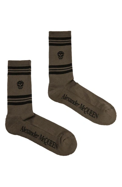 Shop Alexander Mcqueen Stripe Skull Socks In Khaki/ Black