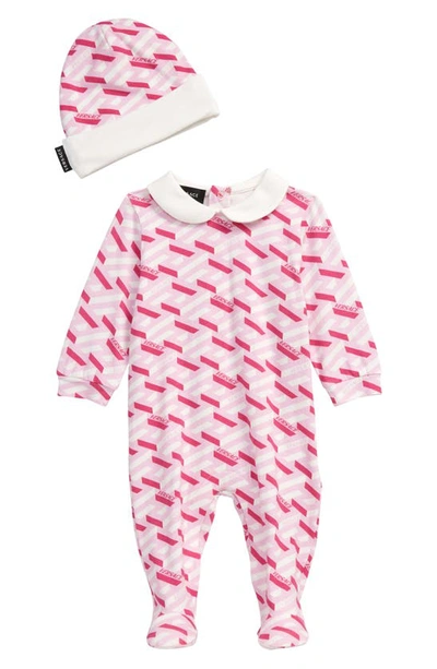 Shop Versace La Greca Monogram Print Stretch Cotton Footie & Hat Set In 5p150 Fuxia Pink